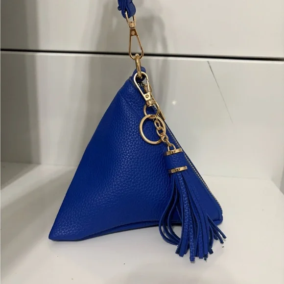 Royal Blue Leather Pyramid Shaped Handbag with Tassel Keychain - Picture 4 of 4